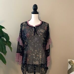 ANA Floral Sheer Black and Pink Women's Top size XL EUC B59